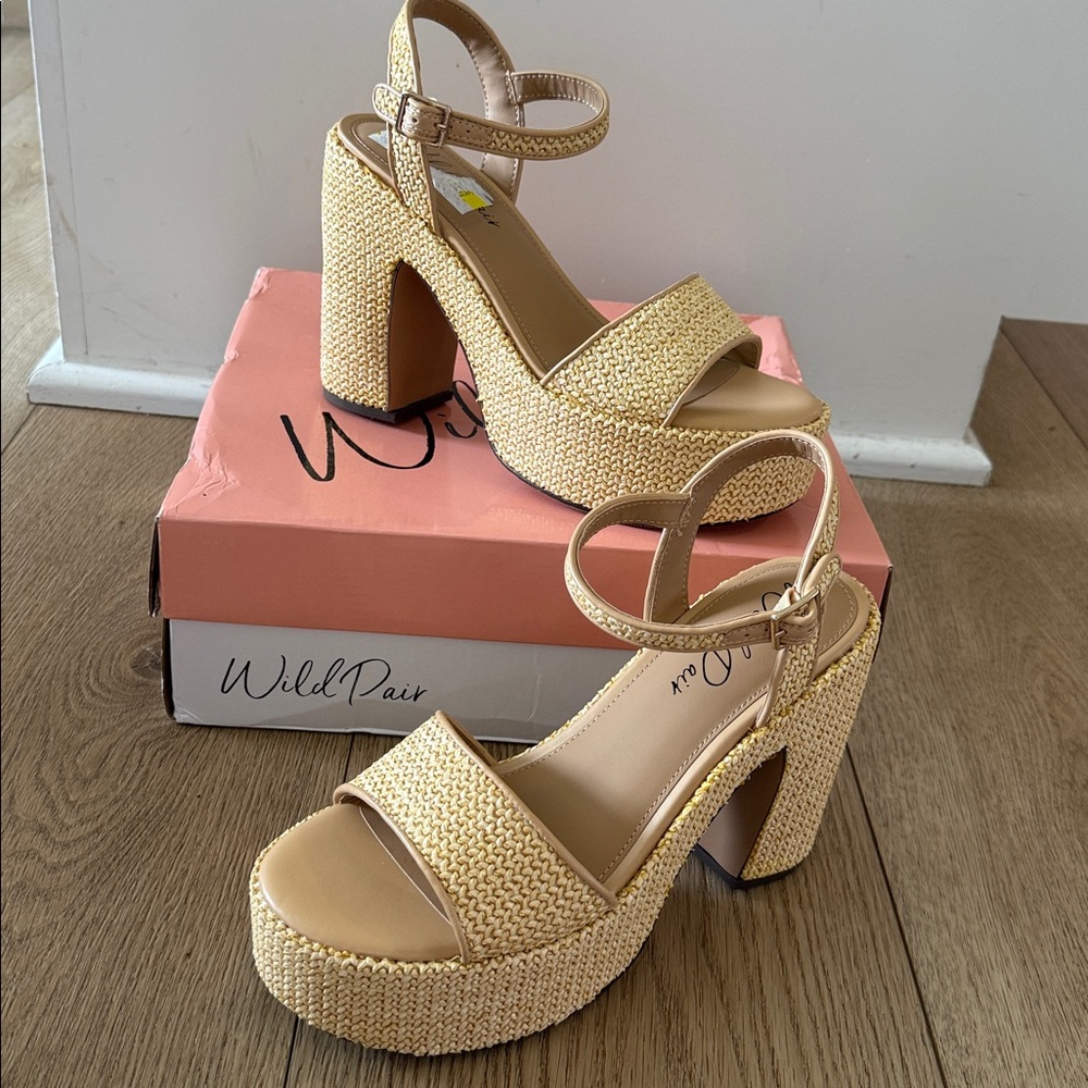 Wild Pair Beige Woven Platform Sandal Heels